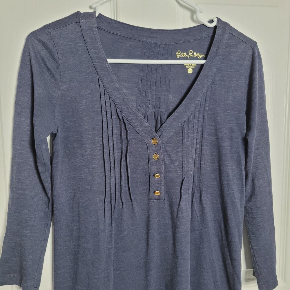 Lilly Pulitzer Dress XXS Amberly Navy Blue Pintuck Henley 3/4 Sleeve Modal Knit - Picture 2 of 11